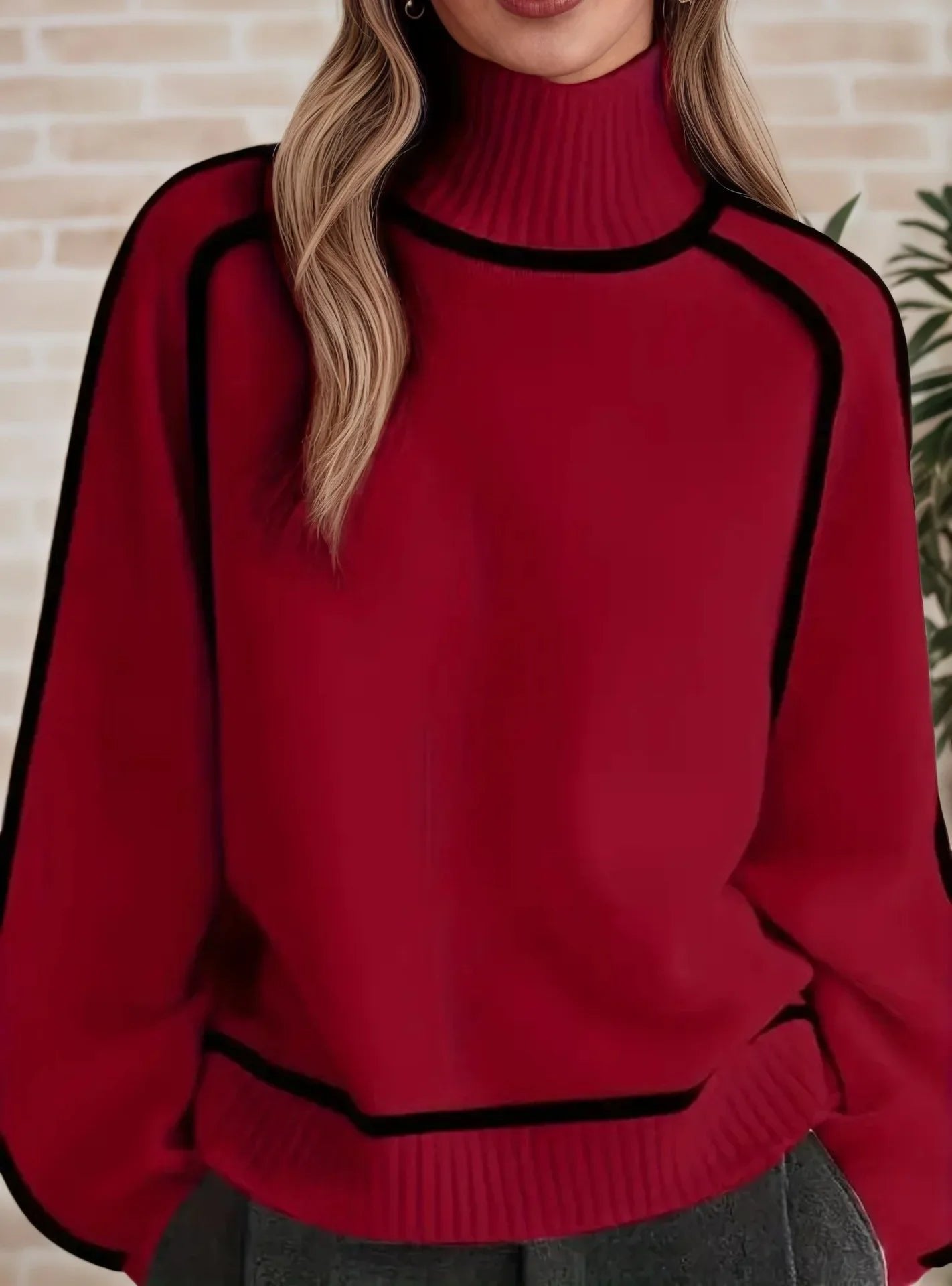 Women's Oversized Colourblock Knit Jumper with Ribbed Turtleneck