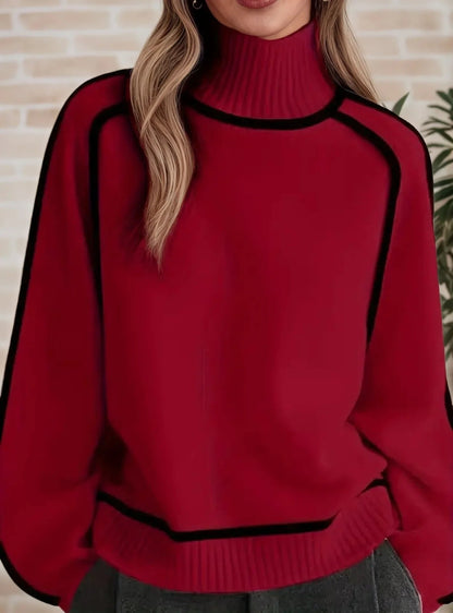 Women's Oversized Colourblock Knit Jumper with Ribbed Turtleneck