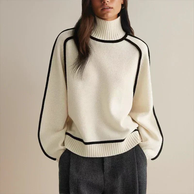 Women's Oversized Colourblock Knit Jumper with Ribbed Turtleneck