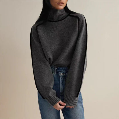 Women's Oversized Colourblock Knit Jumper with Ribbed Turtleneck