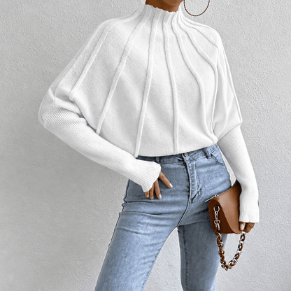 Women's Oversized Knit Jumper with Mock Neck and Batwing Sleeves