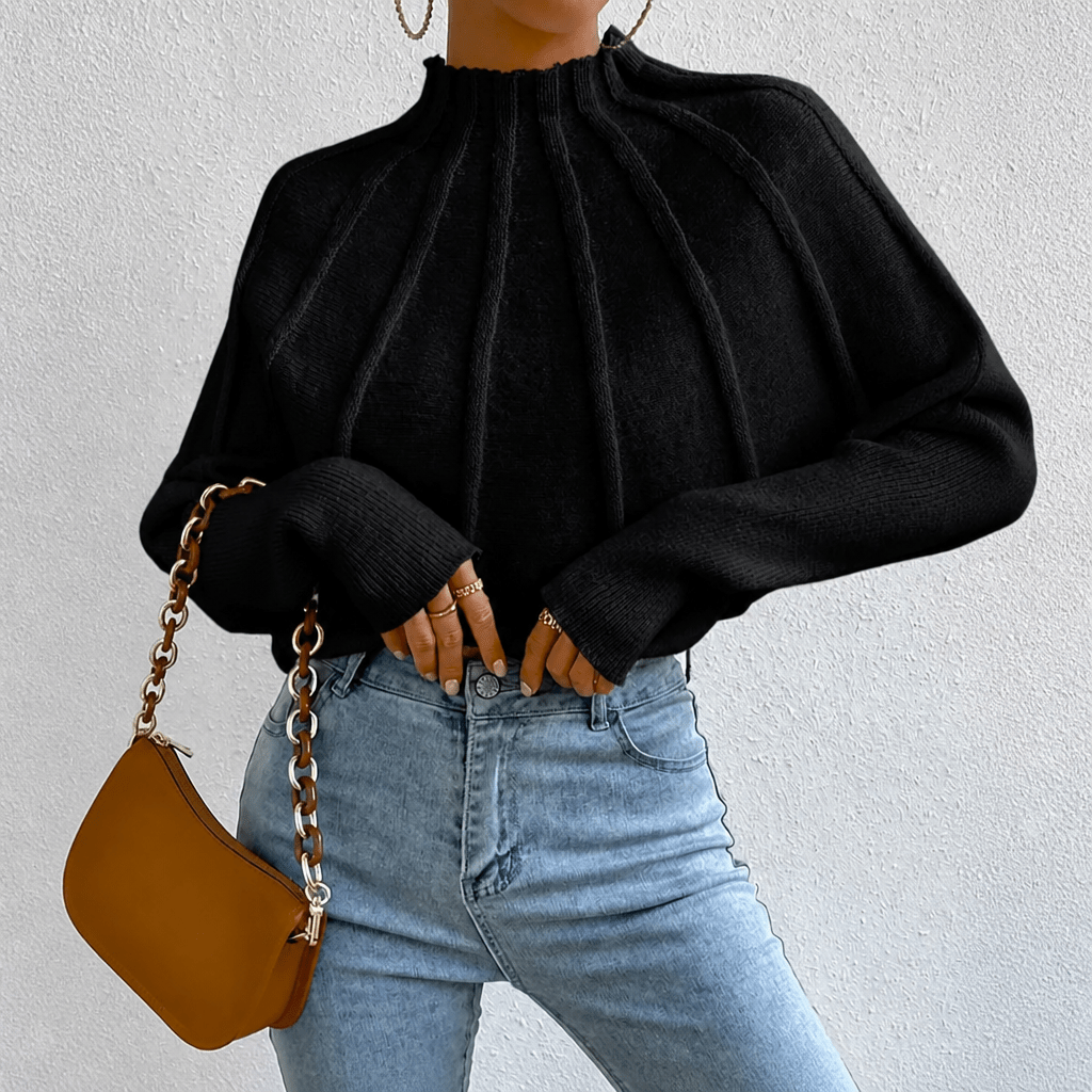 Women's Oversized Knit Jumper with Mock Neck and Batwing Sleeves