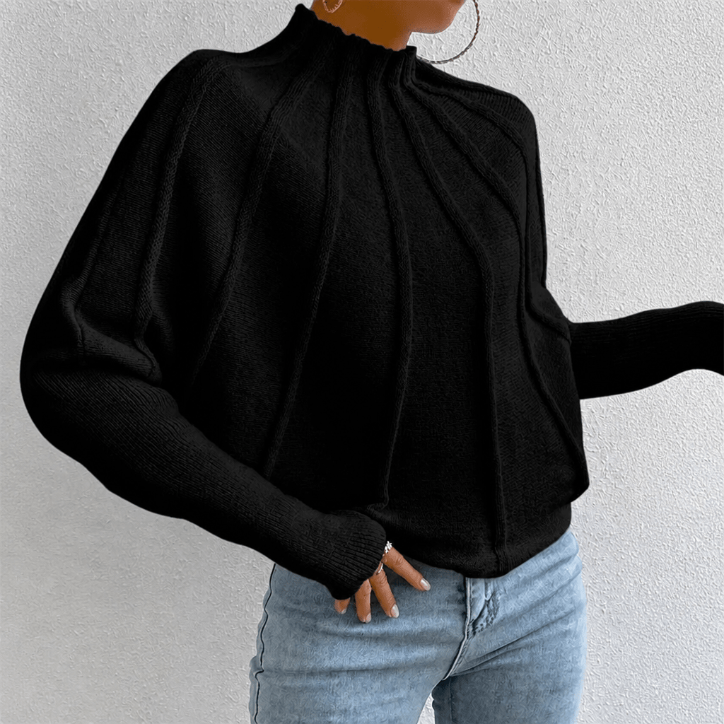 Women's Oversized Knit Jumper with Mock Neck and Batwing Sleeves