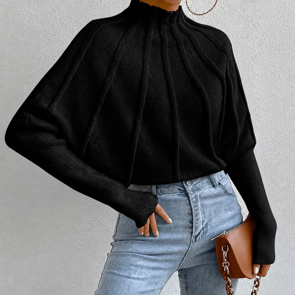 Women's Oversized Knit Jumper with Mock Neck and Batwing Sleeves