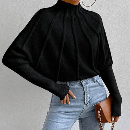 Women's Oversized Knit Jumper with Mock Neck and Batwing Sleeves