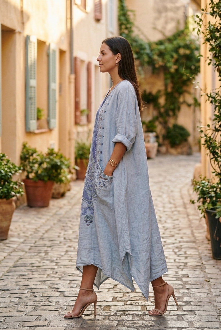 Women's Oversized Pocket Dress with Subtle Embroidery