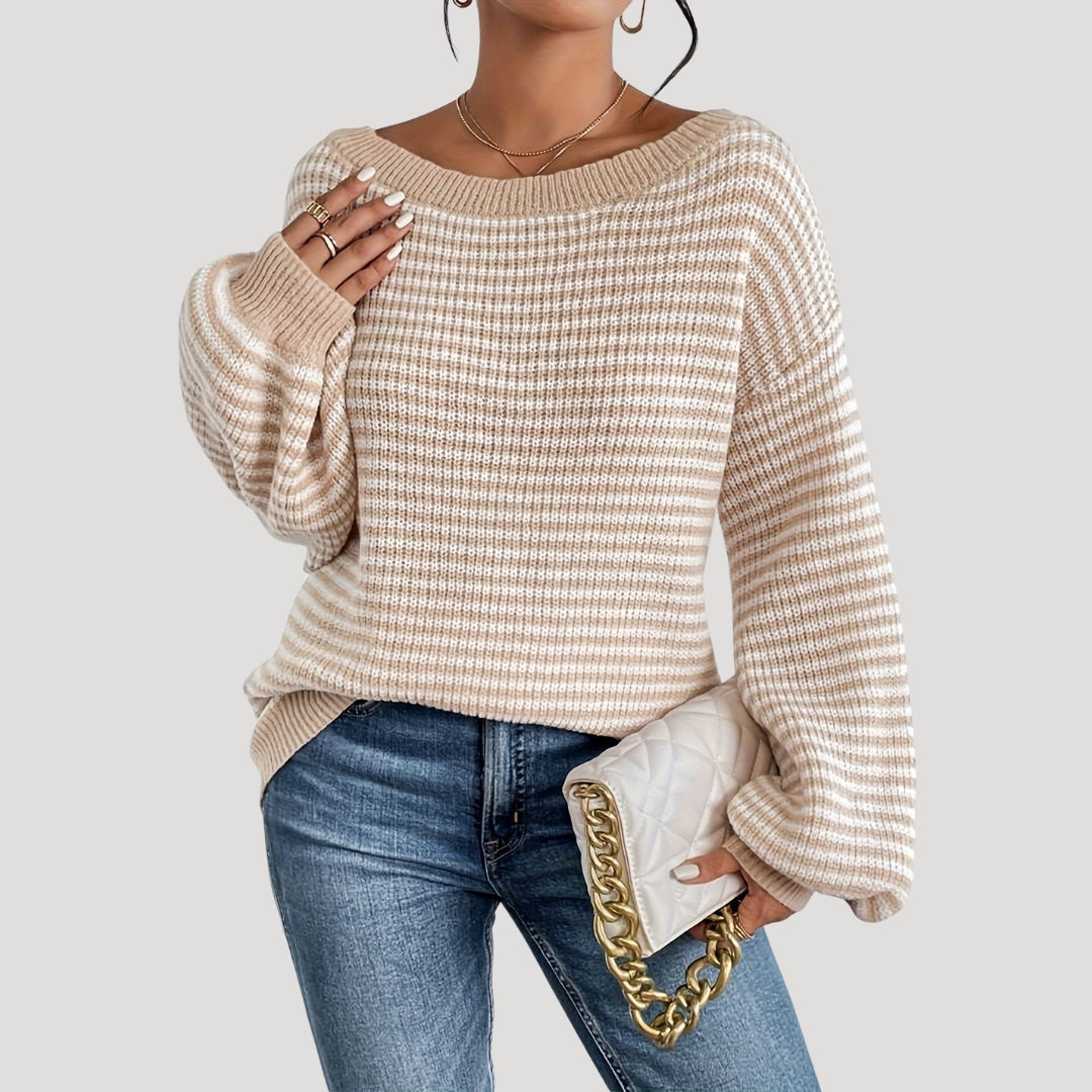 Women's Oversized Striped Knit Jumper with Boat Neck