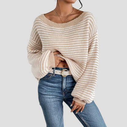 Women's Oversized Striped Knit Jumper with Boat Neck