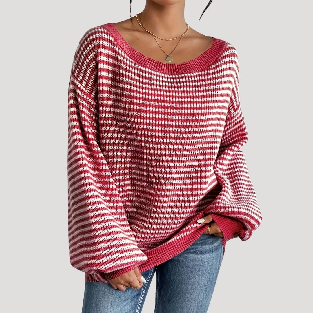 Women's Oversized Striped Knit Jumper with Boat Neck