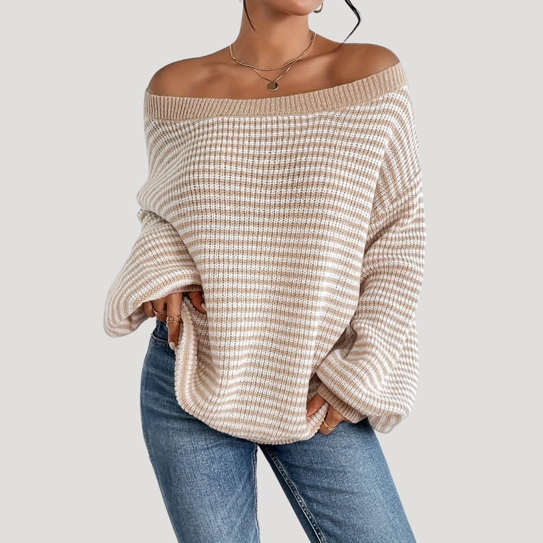 Women's Oversized Striped Knit Jumper with Boat Neck