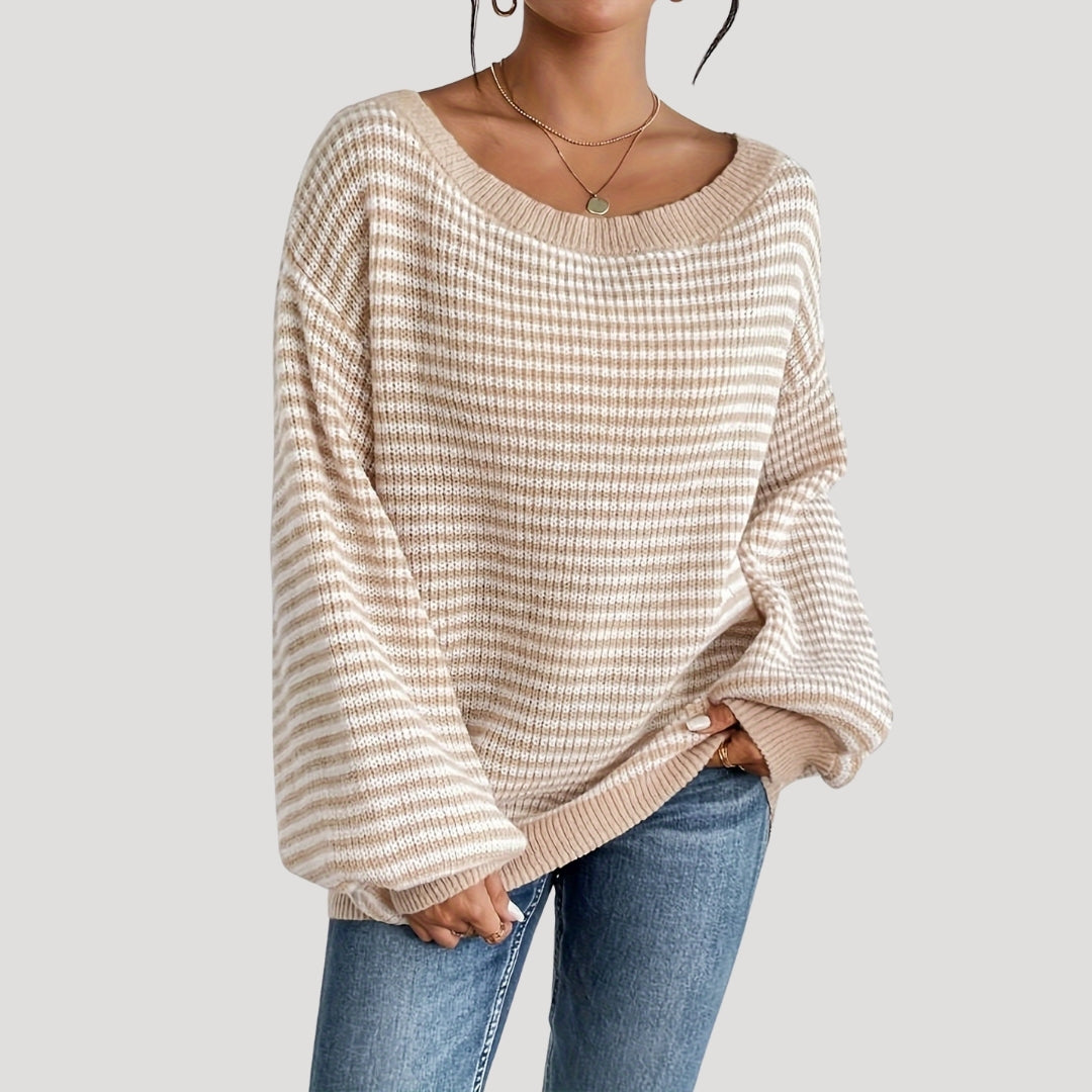 Women's Oversized Striped Knit Jumper with Boat Neck