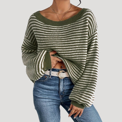 Women's Oversized Striped Knit Jumper with Boat Neck