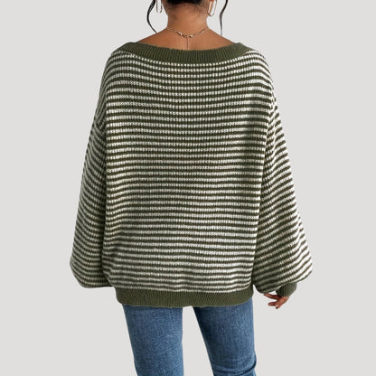 Women's Oversized Striped Knit Jumper with Boat Neck
