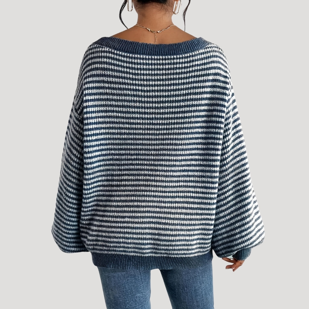 Women's Oversized Striped Knit Jumper with Boat Neck