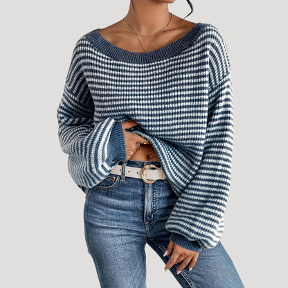 Women's Oversized Striped Knit Jumper with Boat Neck