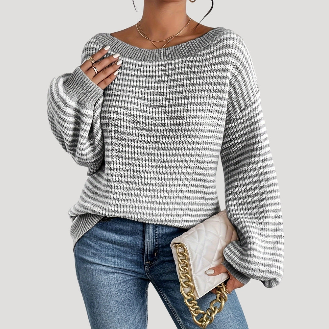 Women's Oversized Striped Knit Jumper with Boat Neck