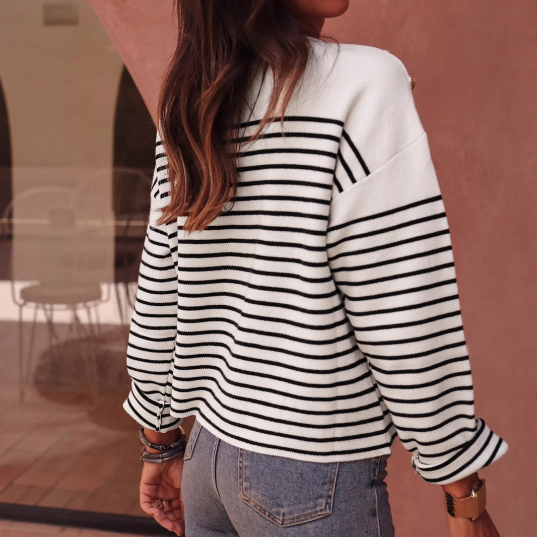 Women's Oversized Striped Sweater with Button Details