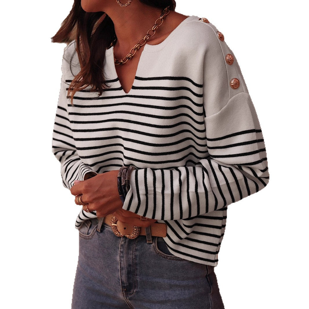 Women's Oversized Striped Sweater with Button Details