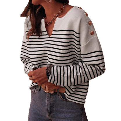 Women's Oversized Striped Sweater with Button Details