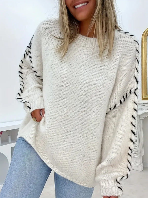 Women's Oversized Sweater with Ribbed Trims and Round Neck