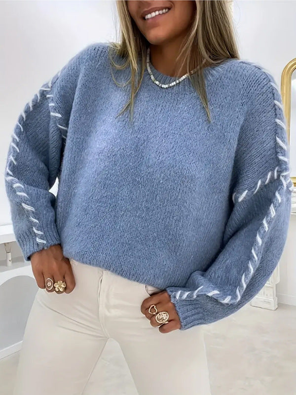 Women's Oversized Sweater with Ribbed Trims and Round Neck