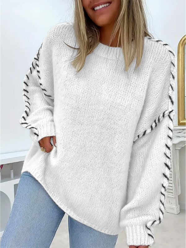 Women's Oversized Sweater with Ribbed Trims and Round Neck