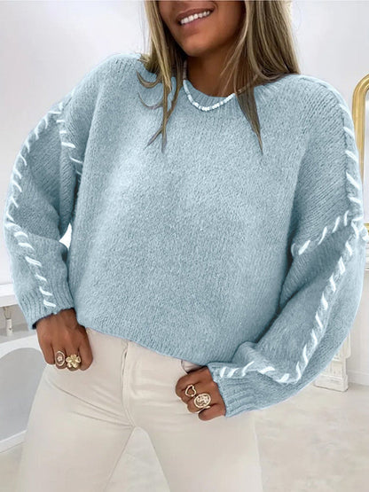 Women's Oversized Sweater with Ribbed Trims and Round Neck