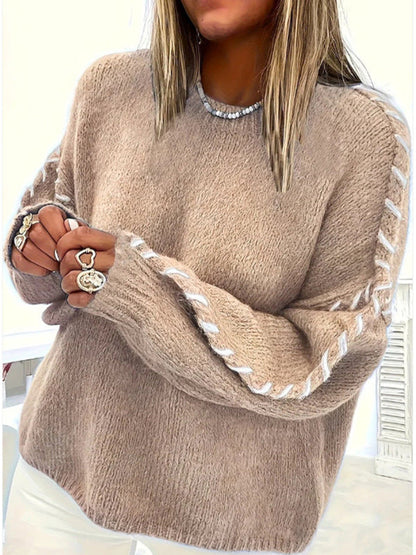 Women's Oversized Sweater with Ribbed Trims and Round Neck