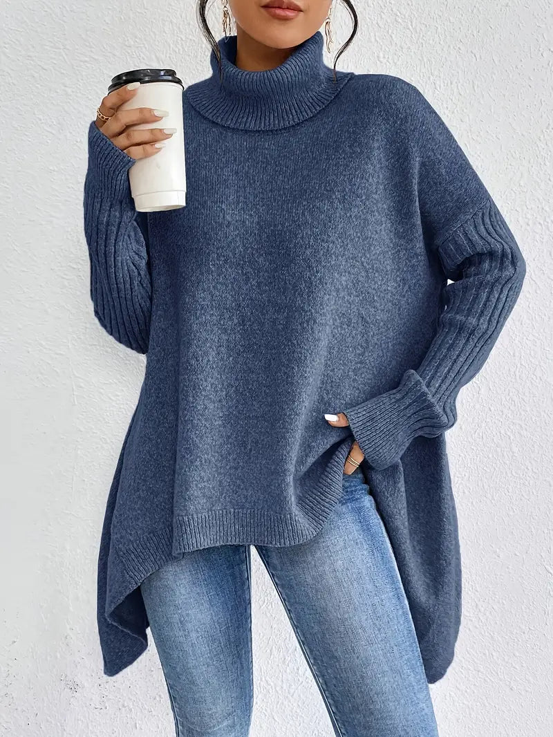 Women's Oversized Turtleneck Sweater with Ribbed Collar