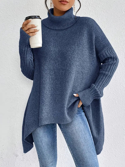 Women's Oversized Turtleneck Sweater with Ribbed Collar
