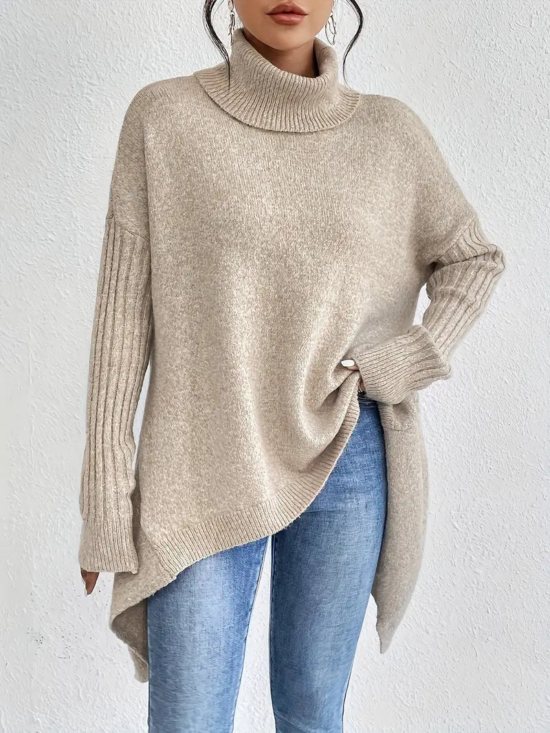 Women's Oversized Turtleneck Sweater with Ribbed Collar