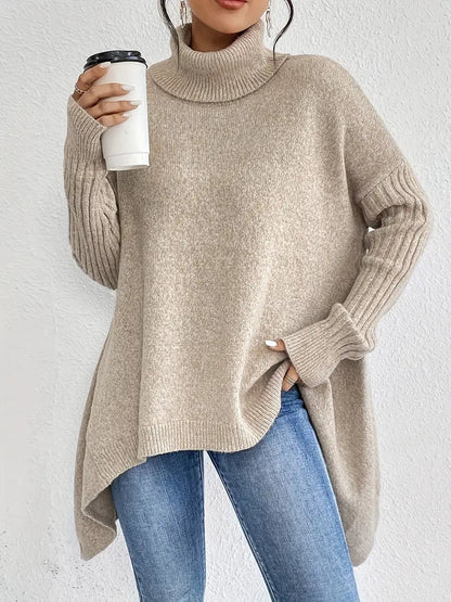 Women's Oversized Turtleneck Sweater with Ribbed Collar
