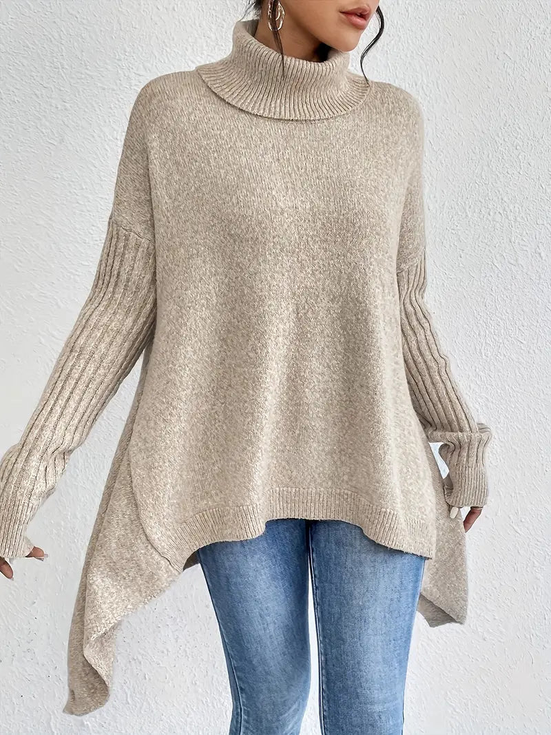 Women's Oversized Turtleneck Sweater with Ribbed Collar