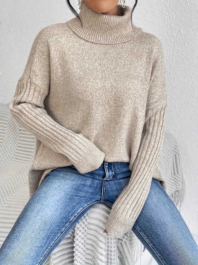 Women's Oversized Turtleneck Sweater with Ribbed Collar