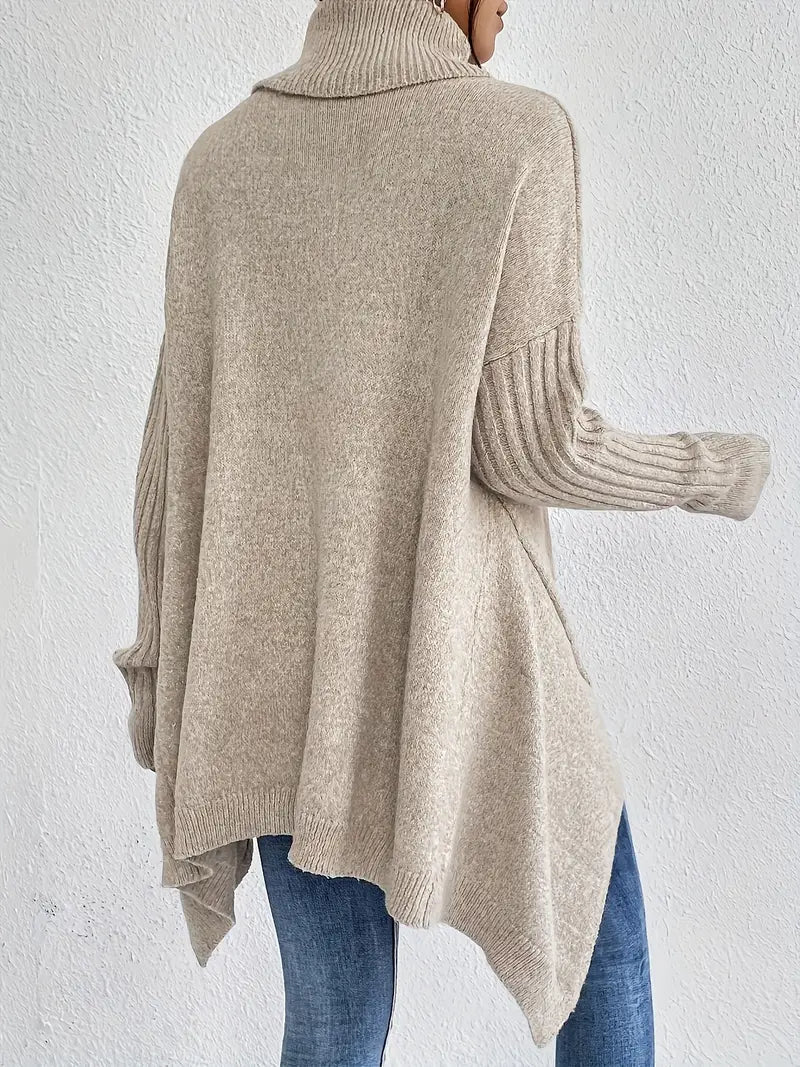 Women's Oversized Turtleneck Sweater with Ribbed Collar