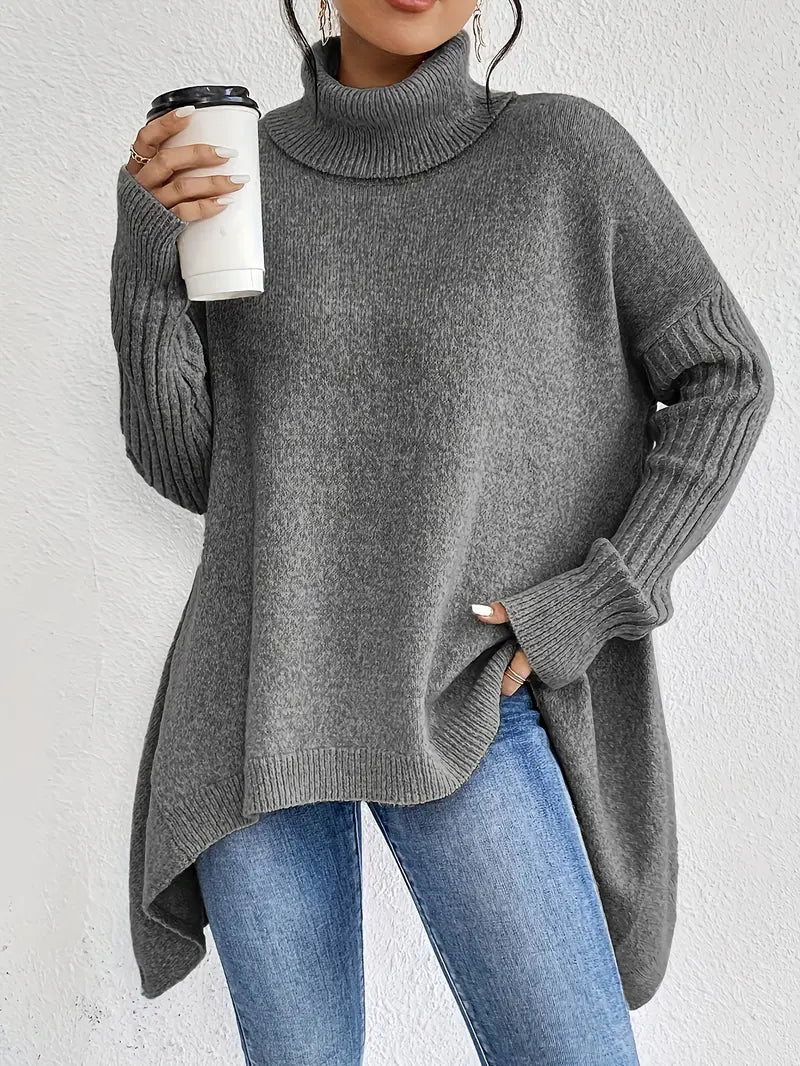 Women's Oversized Turtleneck Sweater with Ribbed Collar