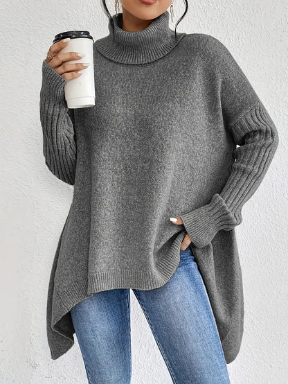Women's Oversized Turtleneck Sweater with Ribbed Collar