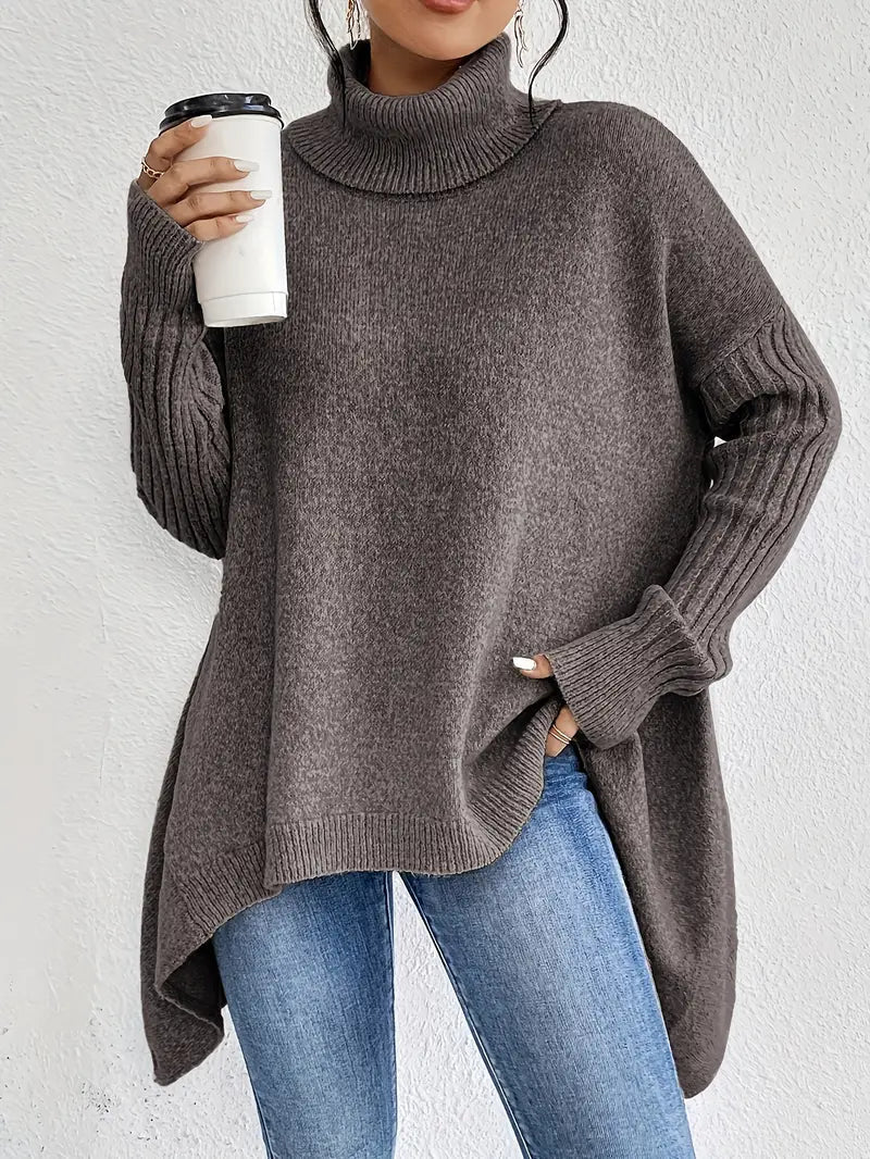 Women's Oversized Turtleneck Sweater with Ribbed Collar