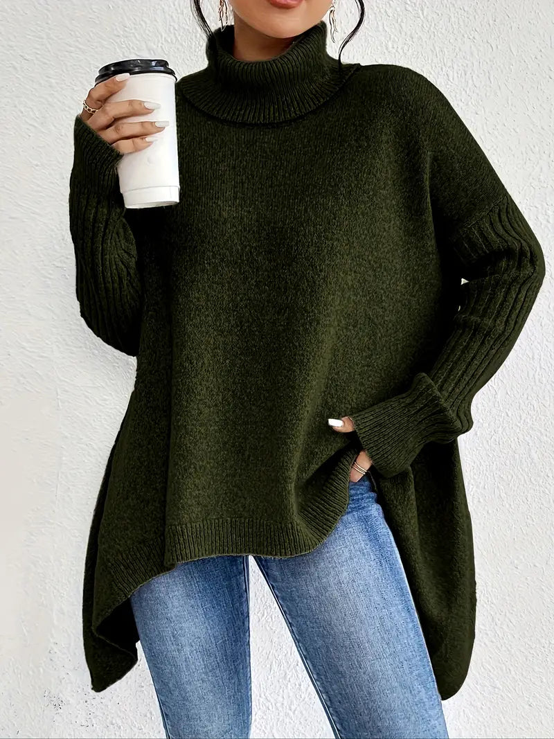 Women's Oversized Turtleneck Sweater with Ribbed Collar
