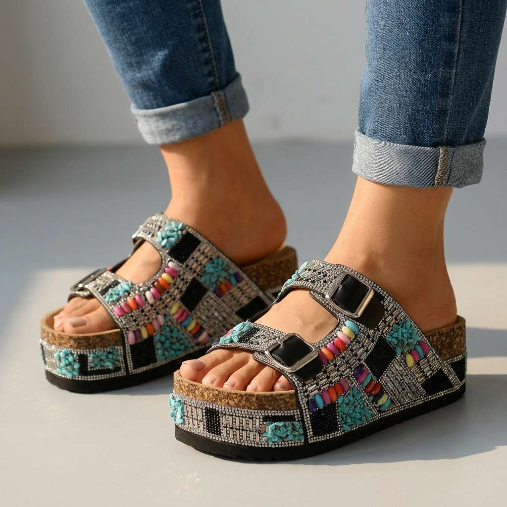Women's Platform Slides with Beaded Multi-Strap Design