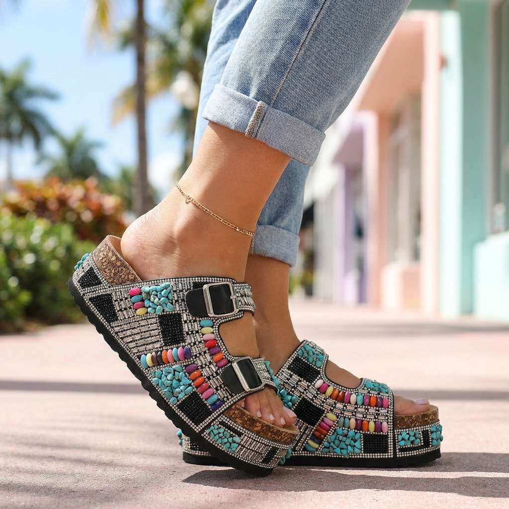 Women's Platform Slides with Beaded Multi-Strap Design