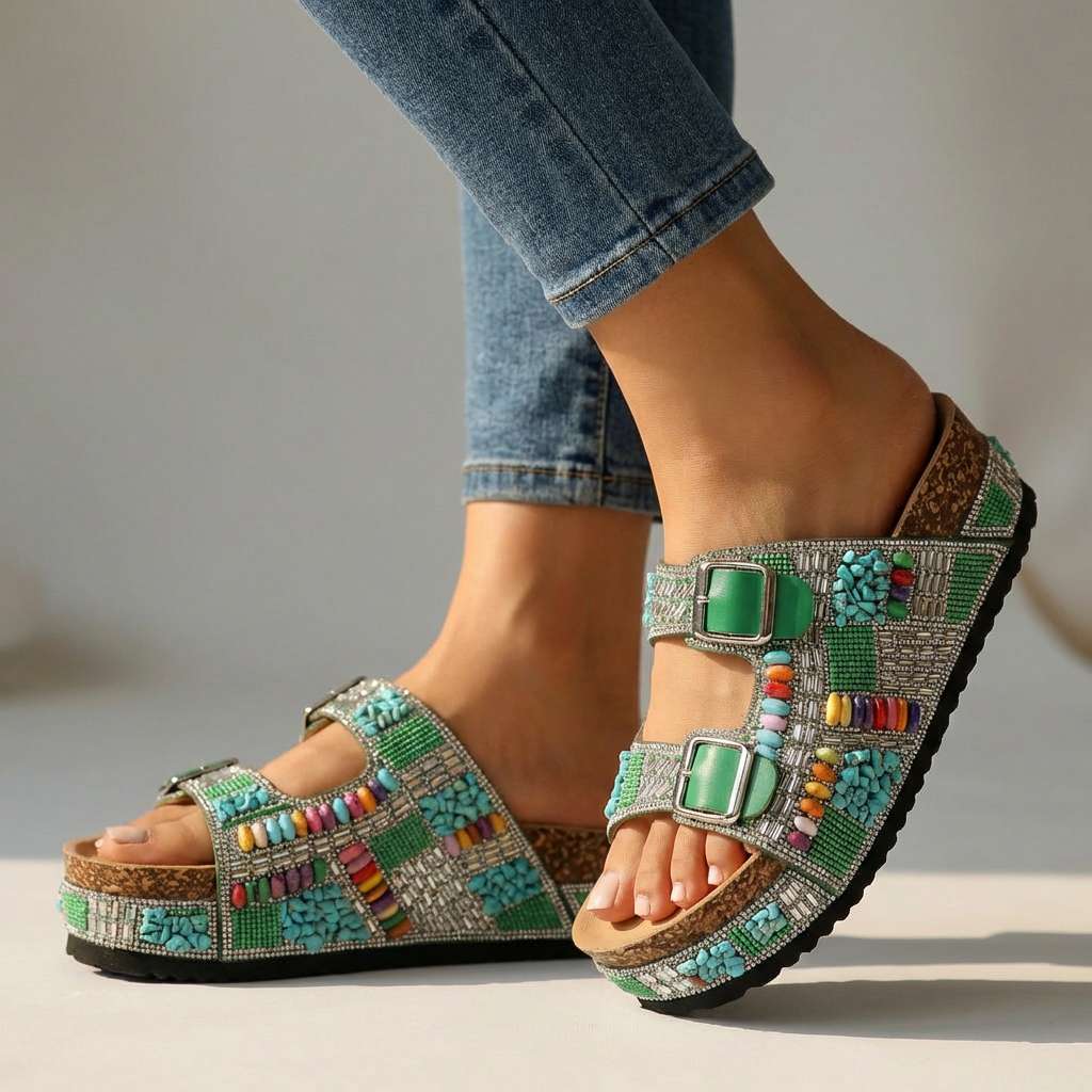 Women's Platform Slides with Beaded Multi-Strap Design