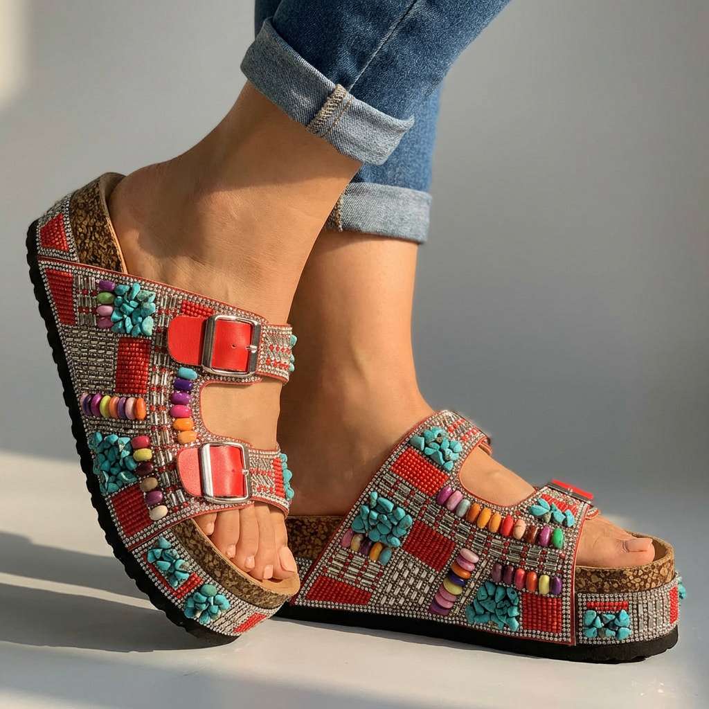Women's Platform Slides with Beaded Multi-Strap Design