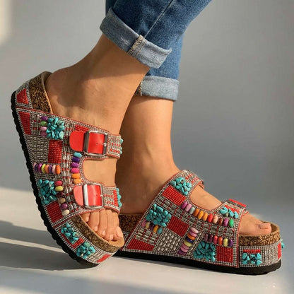 Women's Platform Slides with Beaded Multi-Strap Design