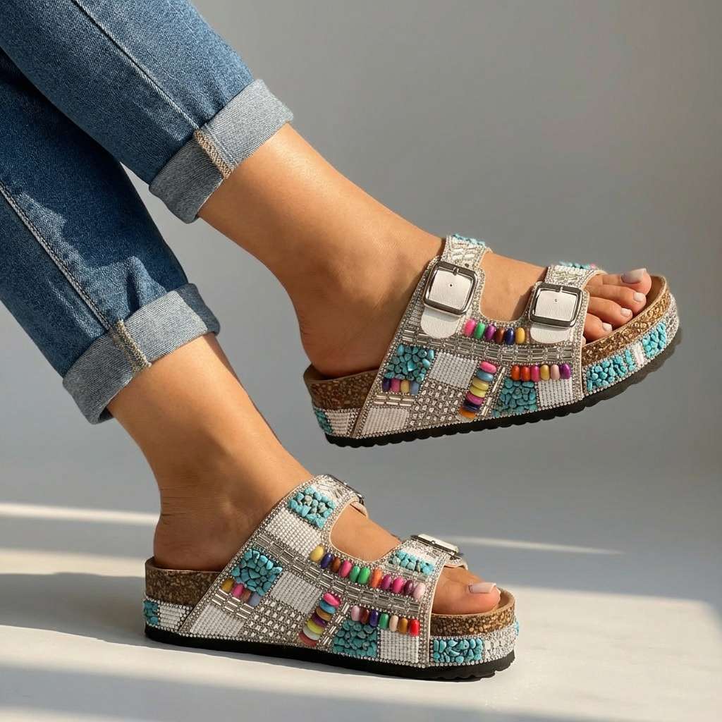Women's Platform Slides with Beaded Multi-Strap Design