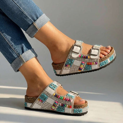 Women's Platform Slides with Beaded Multi-Strap Design