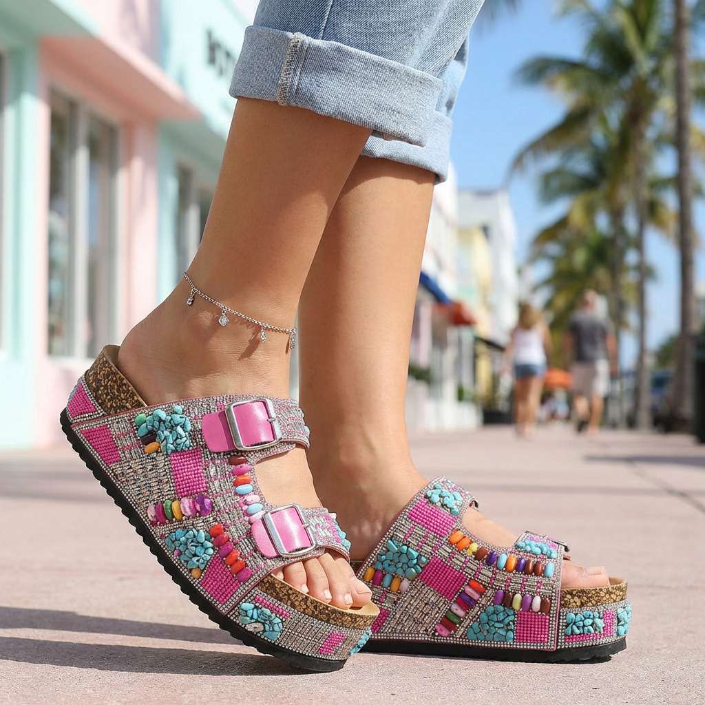Women's Platform Slides with Beaded Multi-Strap Design