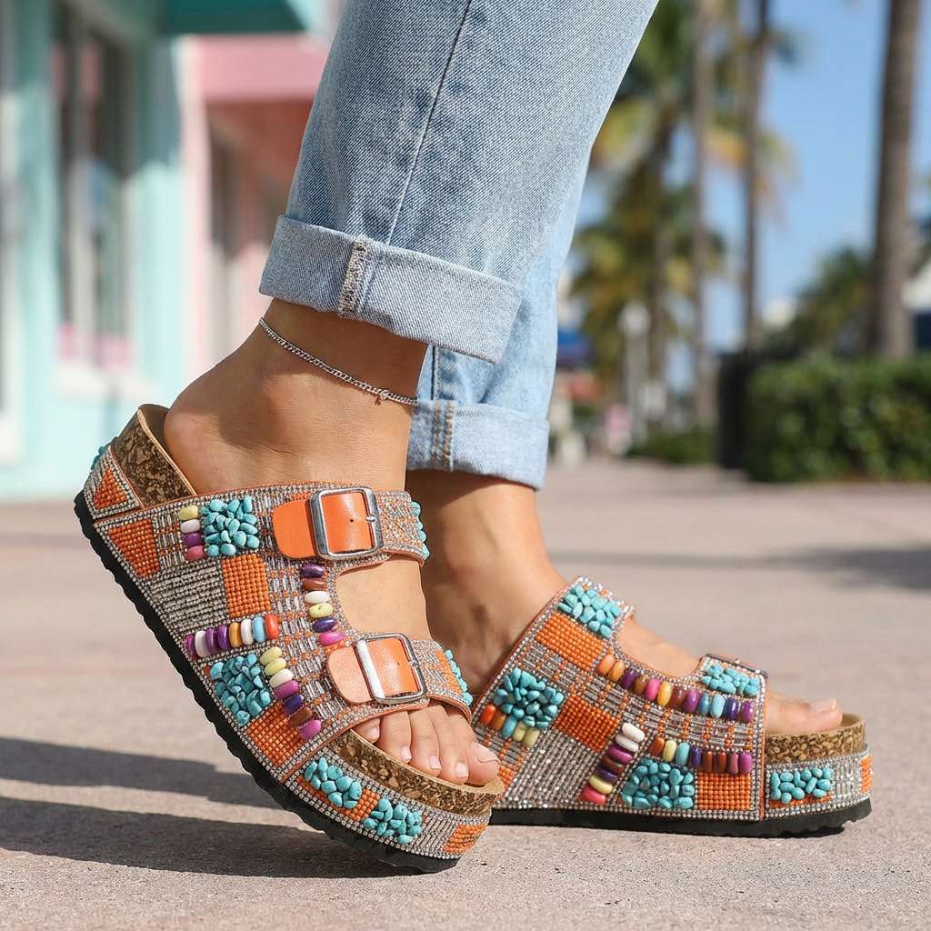 Women's Platform Slides with Beaded Multi-Strap Design