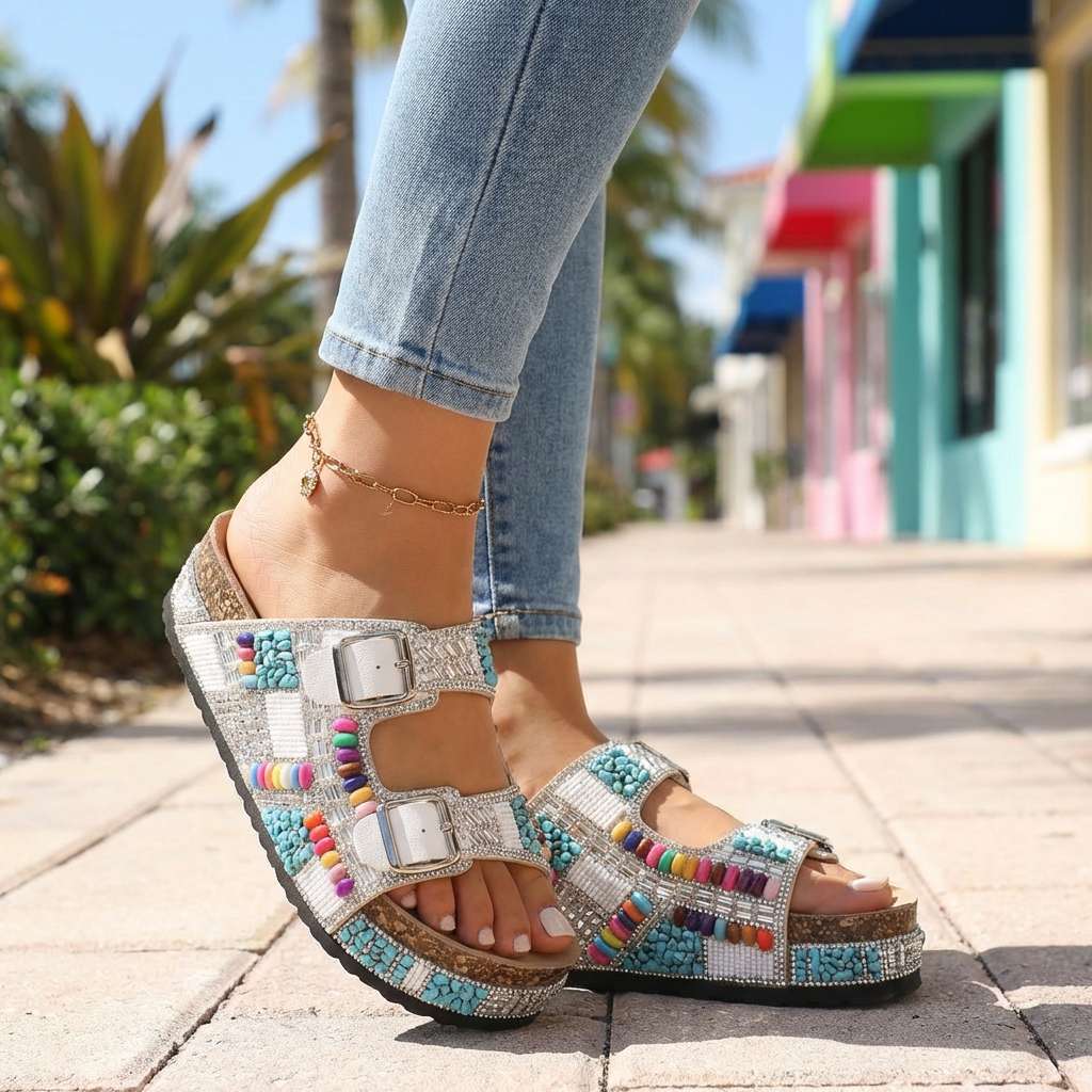 Women's Platform Slides with Beaded Multi-Strap Design