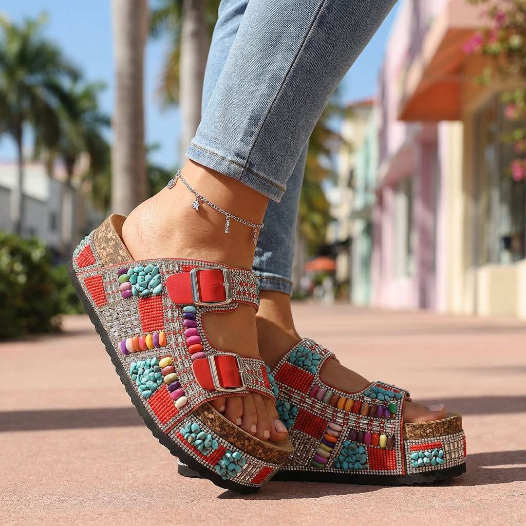 Women's Platform Slides with Beaded Multi-Strap Design